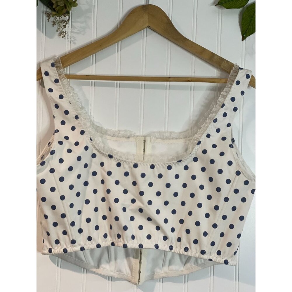Altard State White & Navy Polka Dot Crop Top With Lace Trim Size XXL